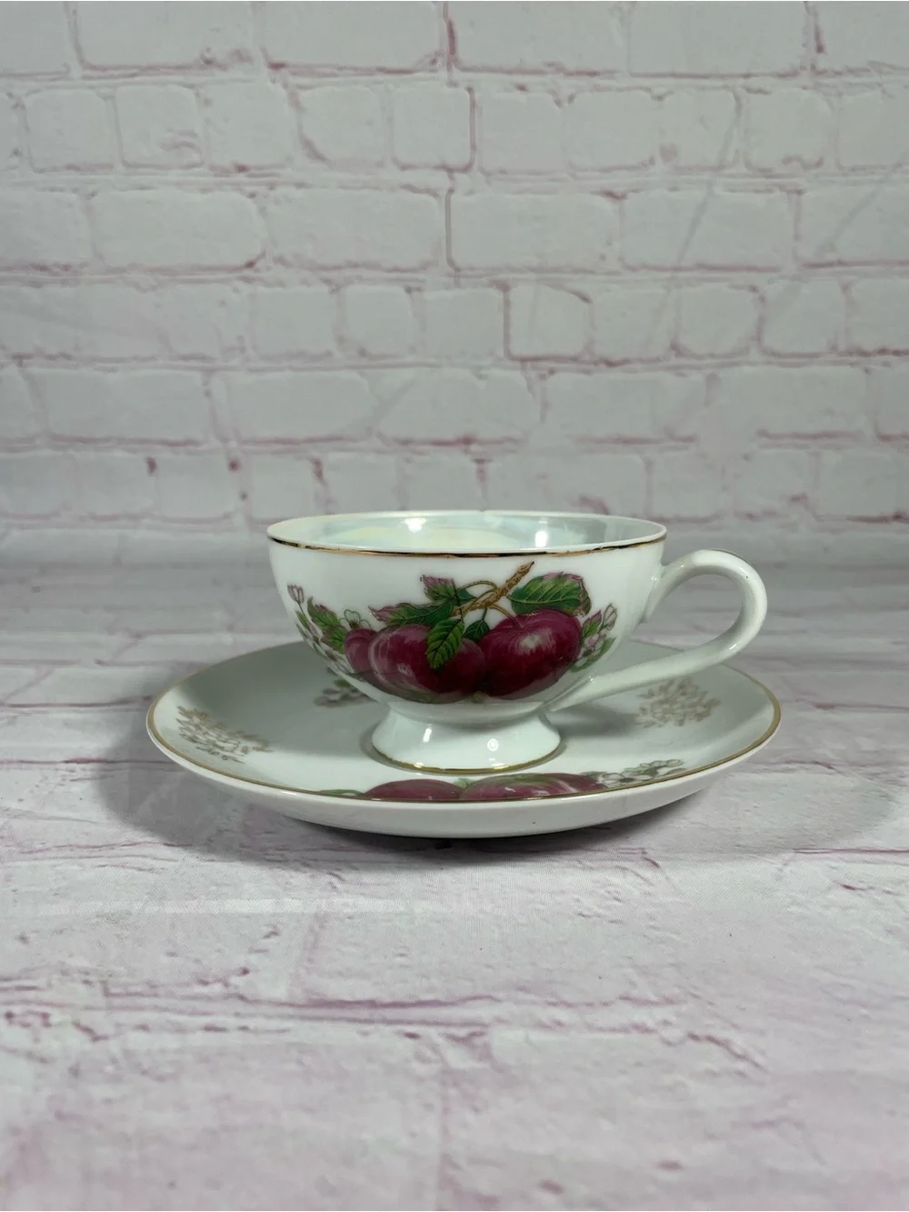 Vintage Plum and Floral Iridescent Footed Teacup and Saucer Set Gold Trim Japan